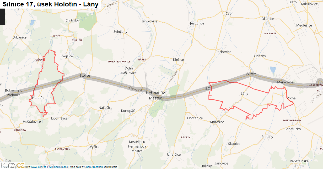 Úsek Holotín - Lány, Silnice 17 - Mapa