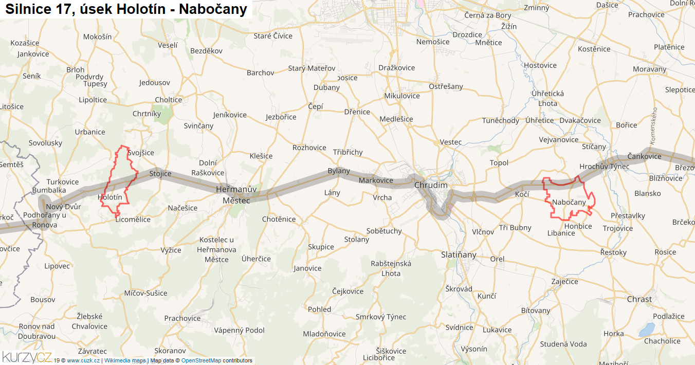 Úsek Holotín - Nabočany, Silnice 17 - Mapa