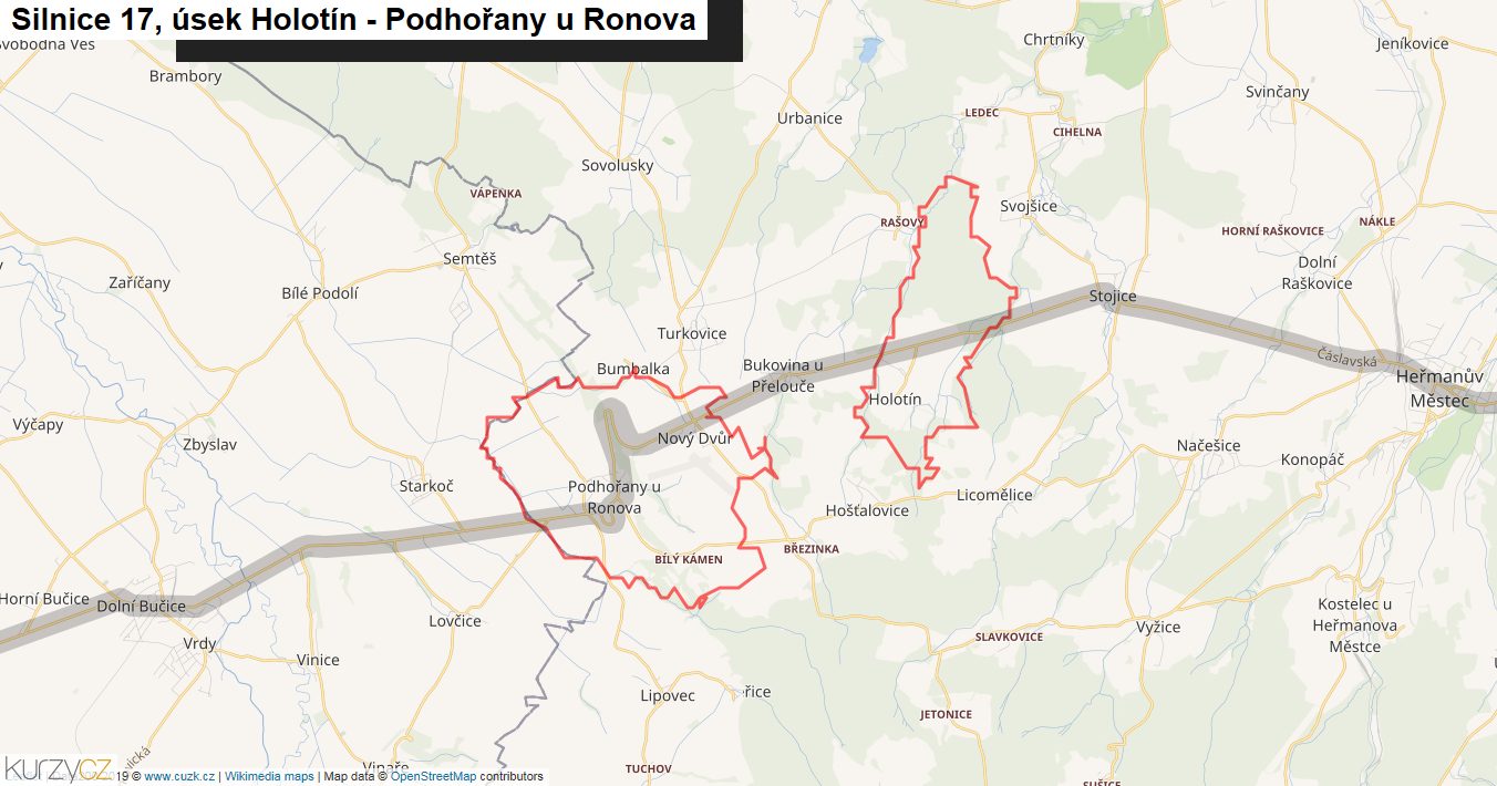 Úsek Holotín - Podhořany u Ronova, Silnice 17 - Mapa