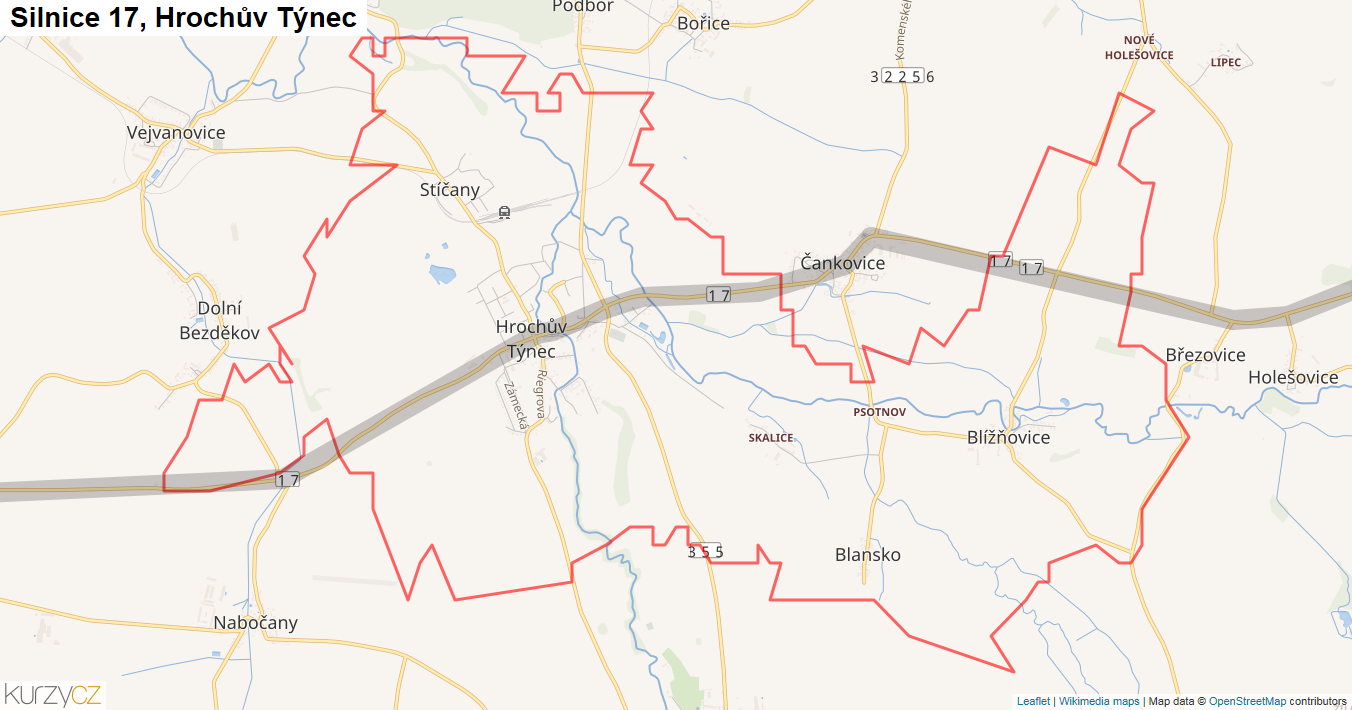 Hrochův Týnec, Silnice 17 - Mapa