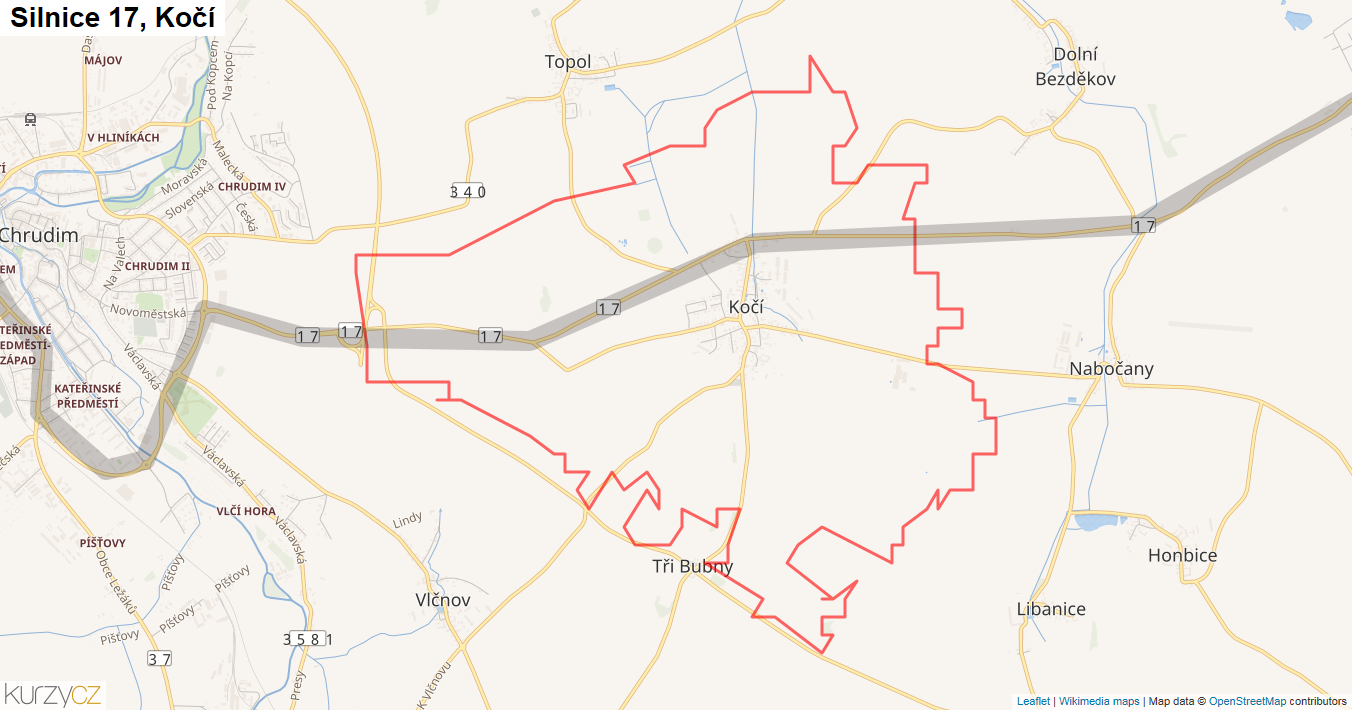 Kočí, Silnice 17 - Mapa