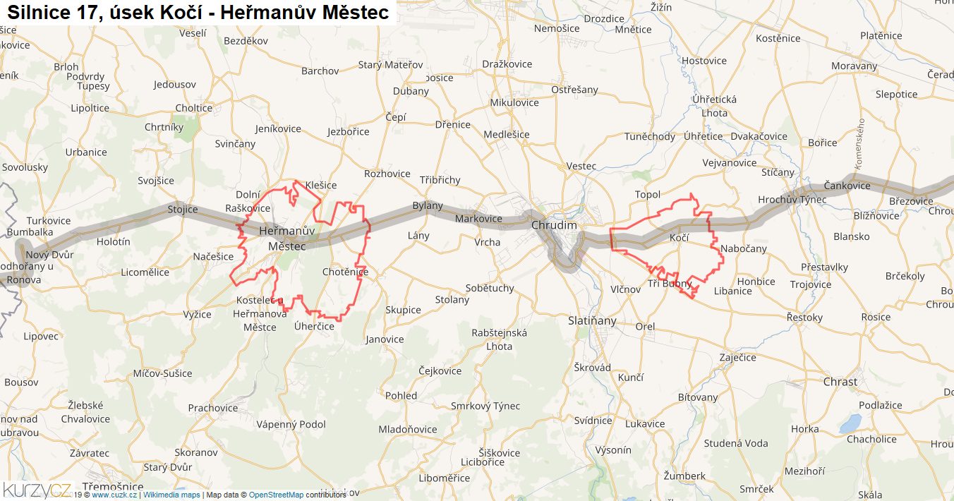 Úsek Kočí - Heřmanův Městec, Silnice 17 - Mapa