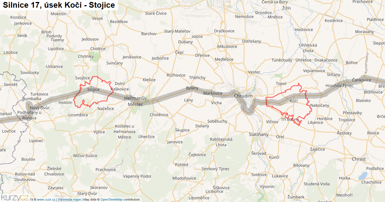 Úsek Kočí - Stojice, Silnice 17 - Mapa