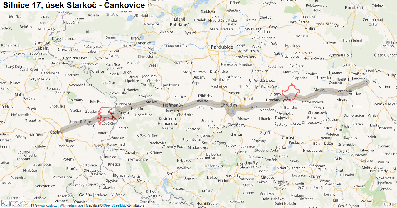 Úsek Starkoč - Čankovice, Silnice 17 - Mapa