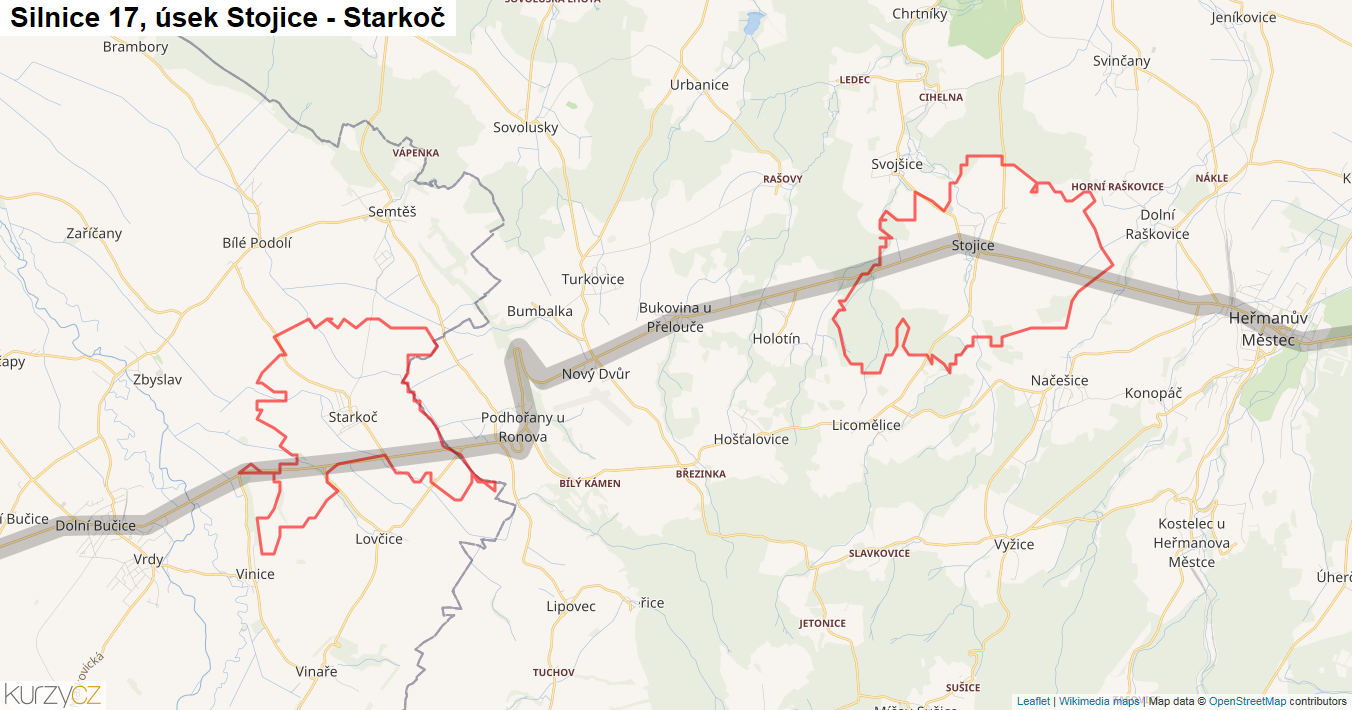 Úsek Stojice - Starkoč, Silnice 17 - Mapa