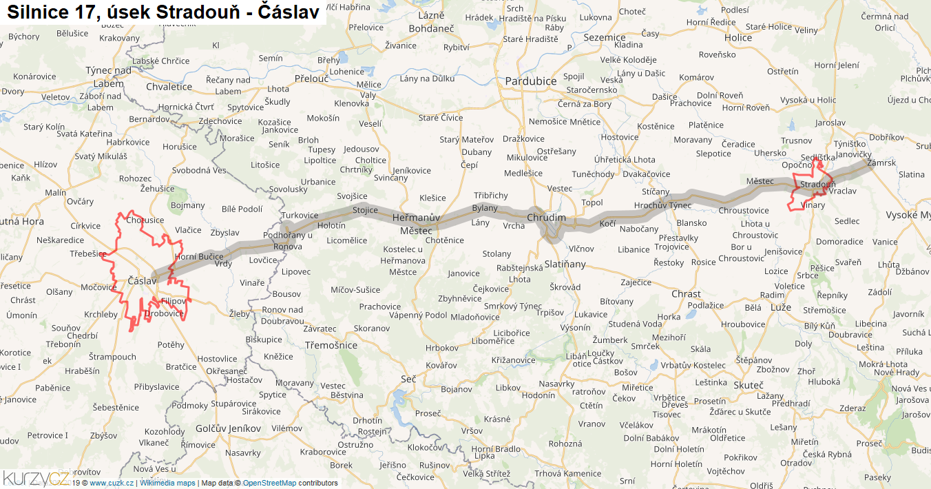 Úsek Stradouň - Čáslav, Silnice 17 - Mapa