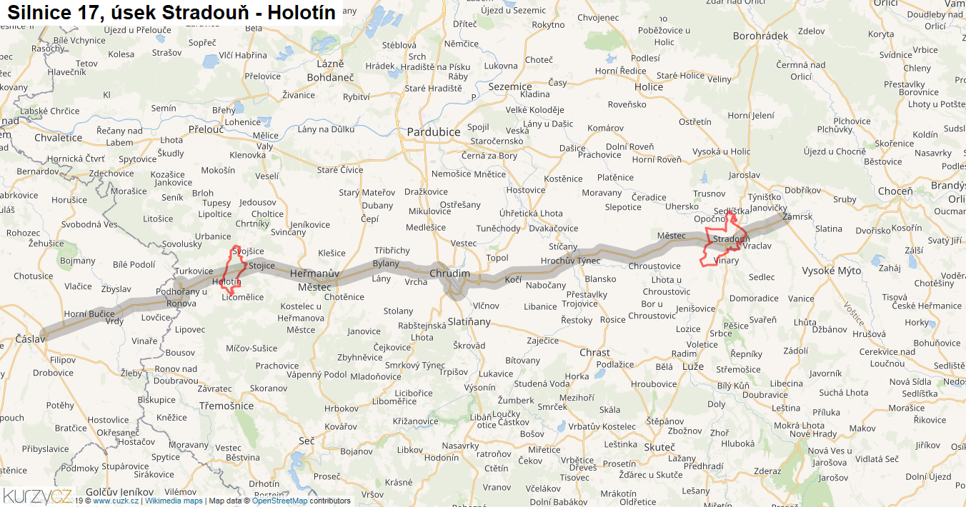 Úsek Stradouň - Holotín, Silnice 17 - Mapa