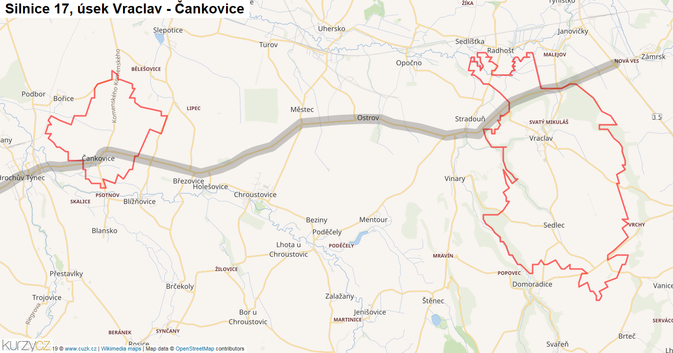 Úsek Vraclav - Čankovice, Silnice 17 - Mapa