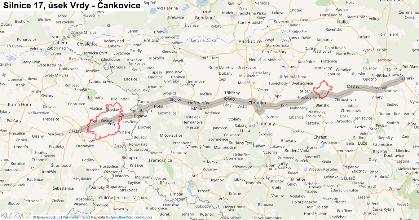 Úsek Vrdy - Čankovice, Silnice 17 - Mapa