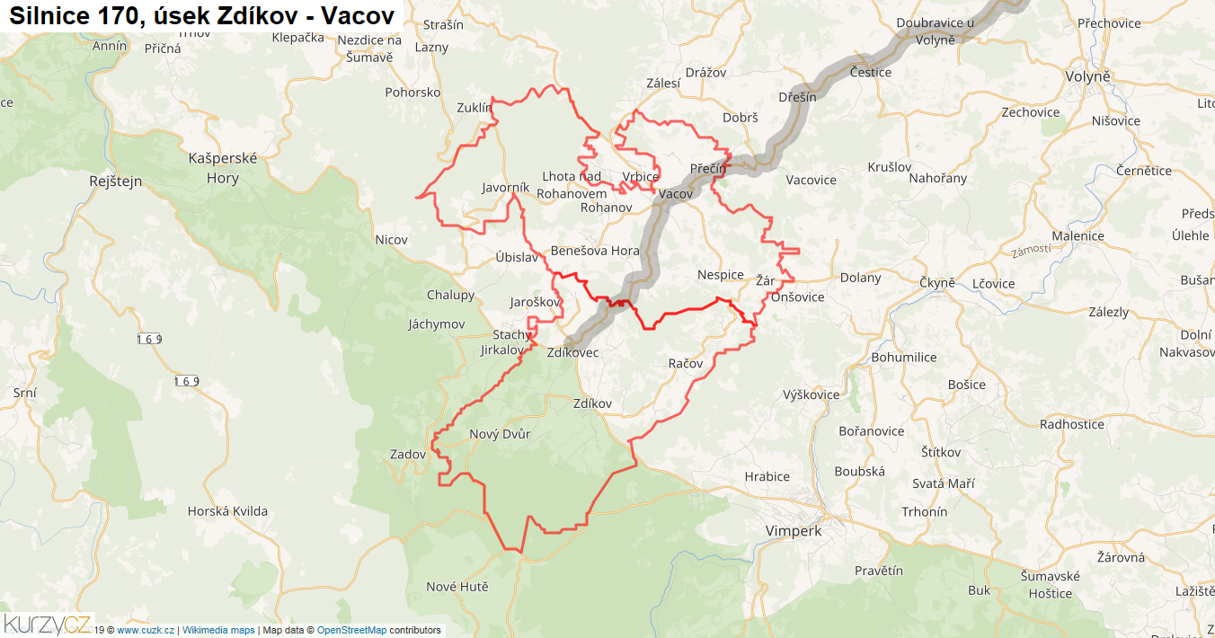 Úsek Zdíkov - Vacov, Silnice 170 - Mapa