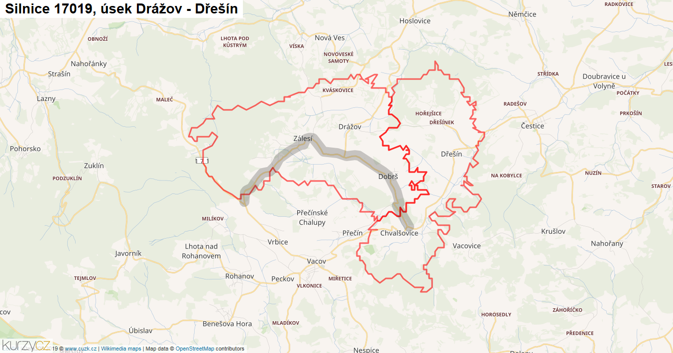Úsek Drážov - Dřešín, Silnice 17019 - Mapa