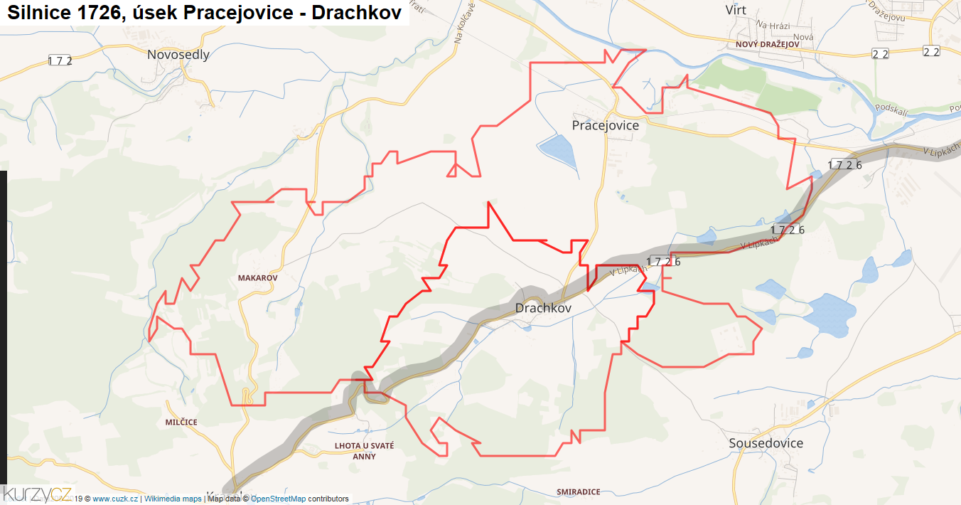 Úsek Pracejovice - Drachkov, Silnice 1726 - Mapa