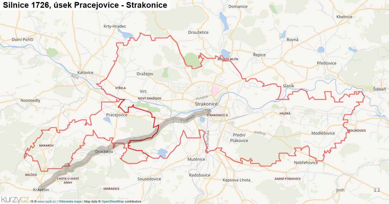 Úsek Pracejovice - Strakonice, Silnice 1726 - Mapa