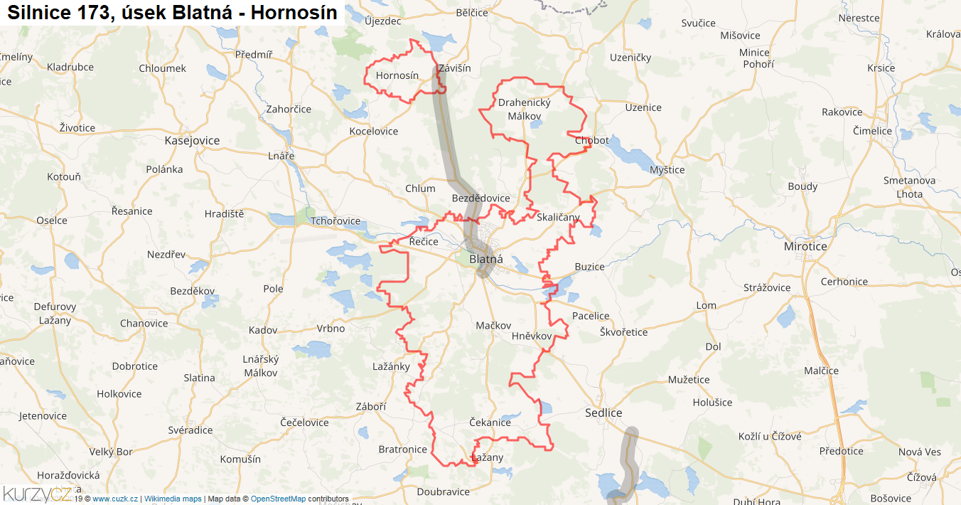 Úsek Blatná - Hornosín, Silnice 173 - Mapa