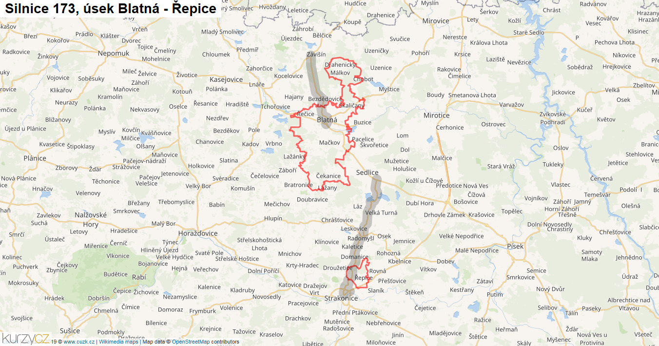 Úsek Blatná - Řepice, Silnice 173 - Mapa