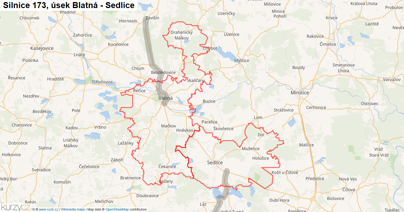 Úsek Blatná - Sedlice, Silnice 173 - Mapa