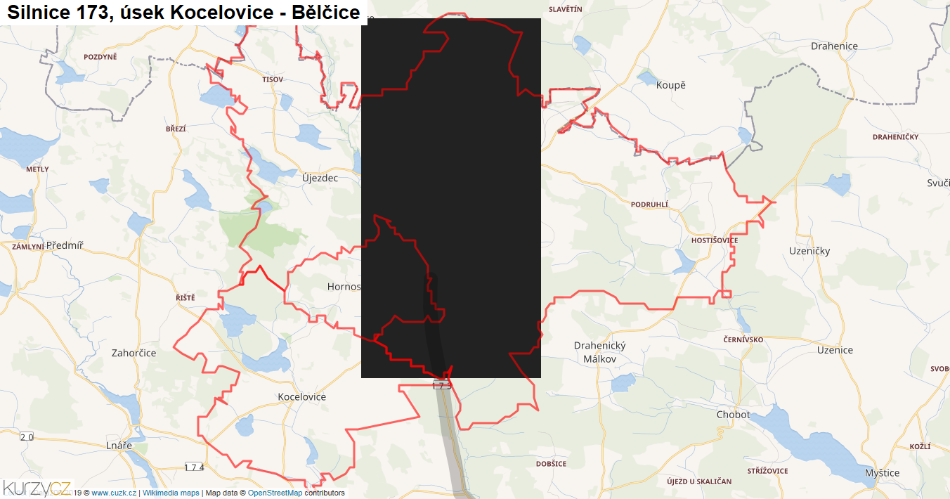 Úsek Kocelovice - Bělčice, Silnice 173 - Mapa