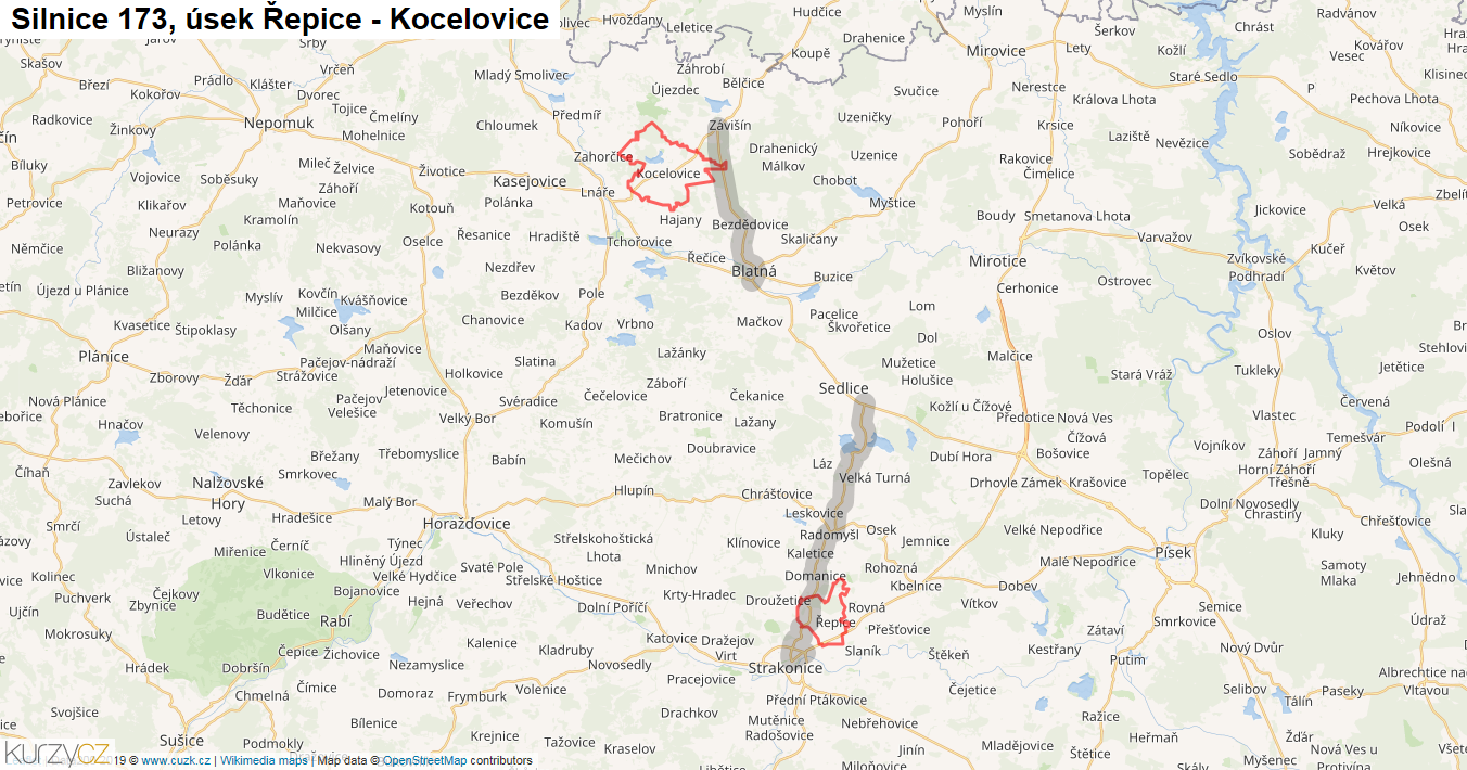 Úsek Řepice - Kocelovice, Silnice 173 - Mapa