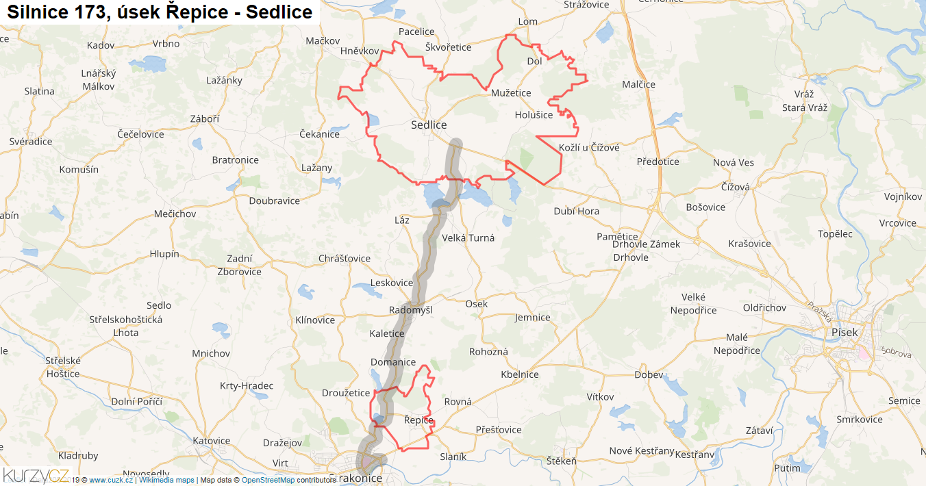 Úsek Řepice - Sedlice, Silnice 173 - Mapa
