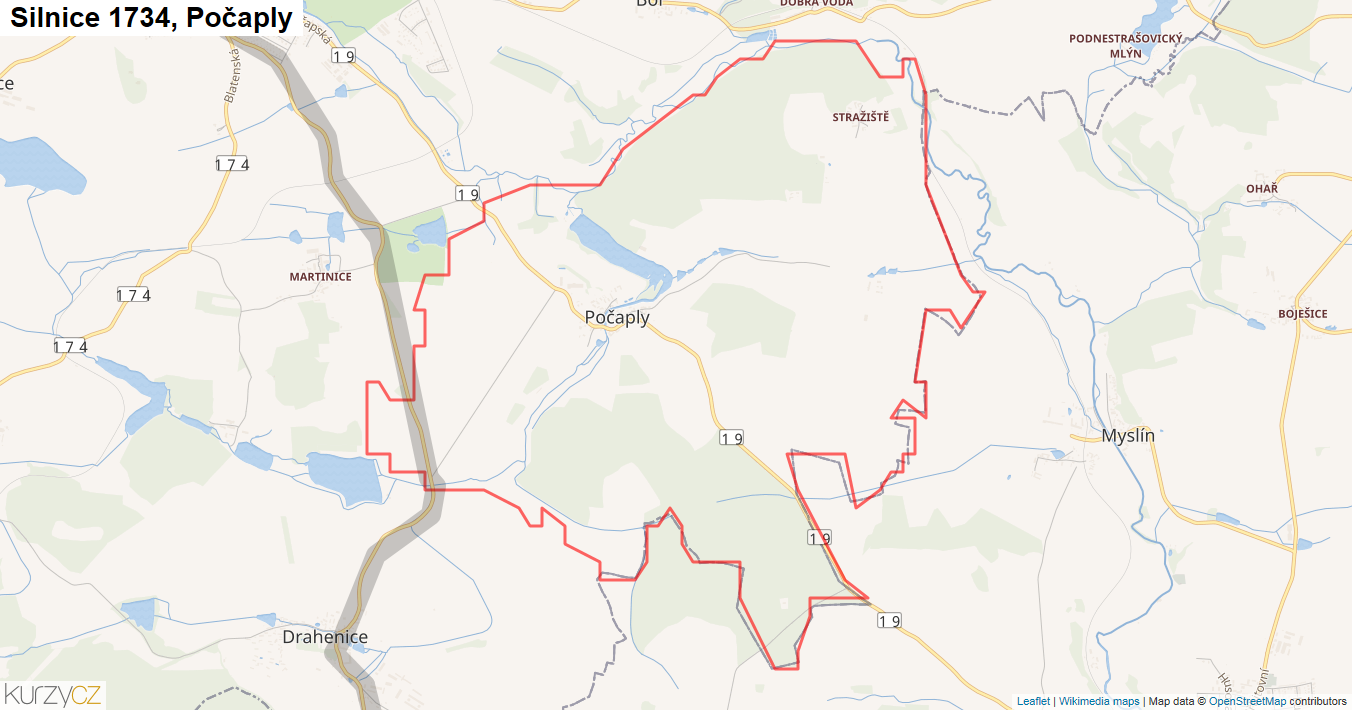Počaply, Silnice 1734 - Mapa