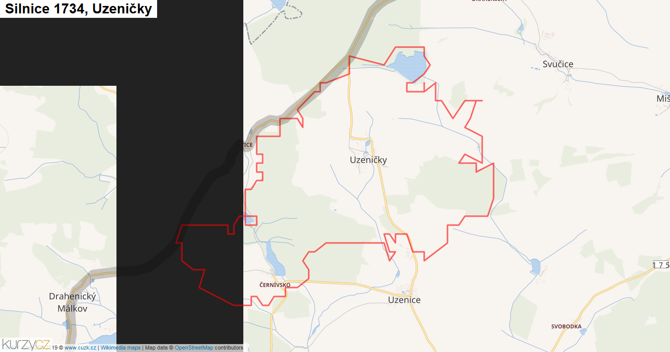 Uzeničky, Silnice 1734 - Mapa