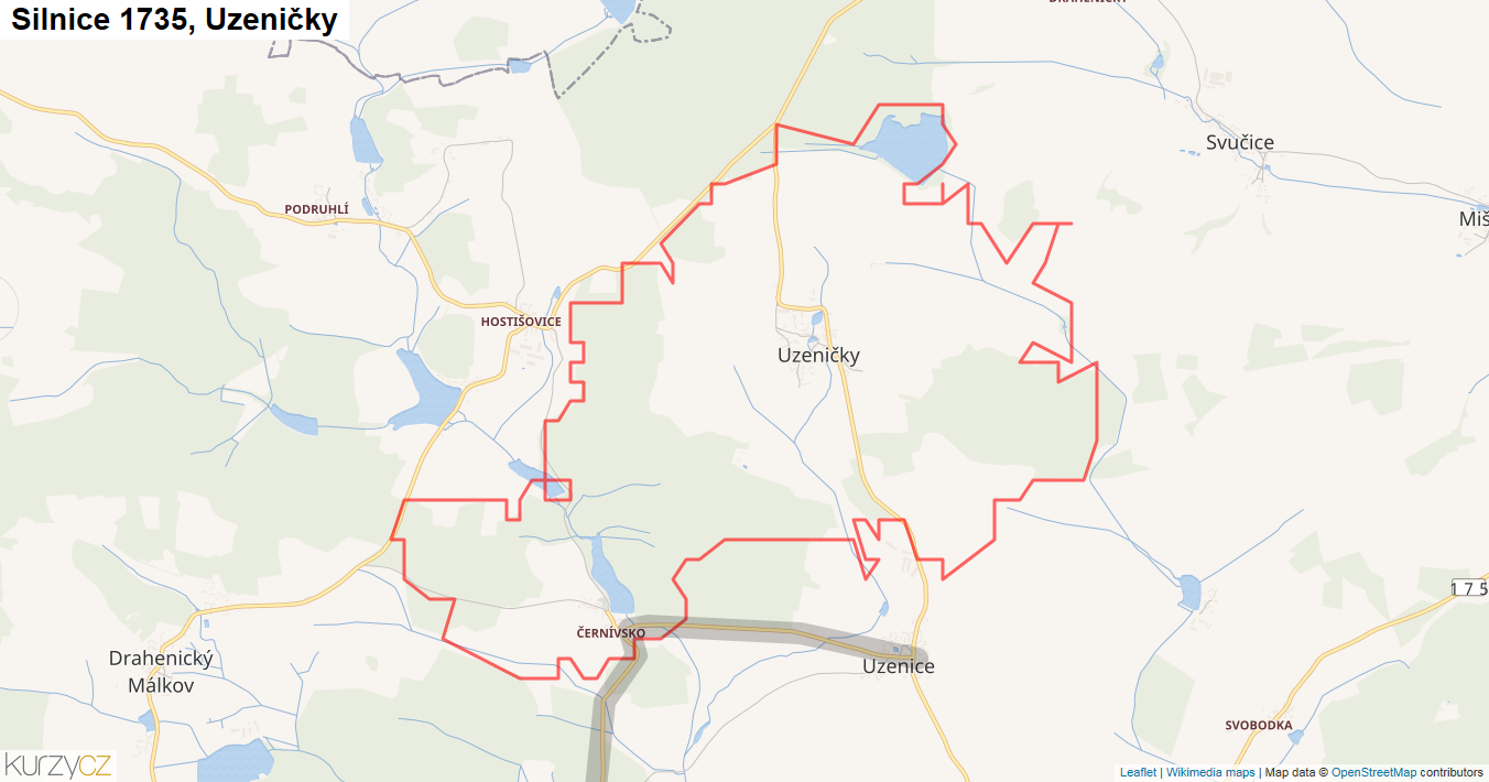 Uzeničky, Silnice 1735 - Mapa