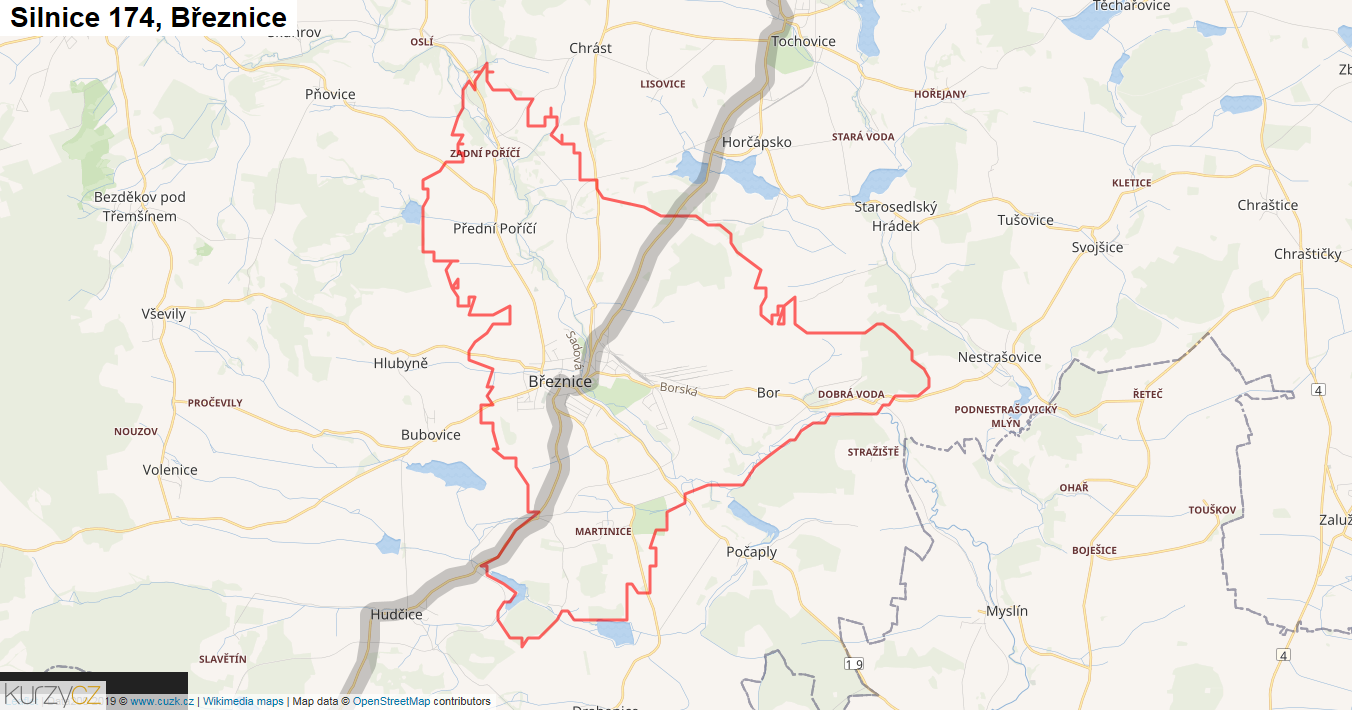 Březnice, Silnice 174 - Mapa