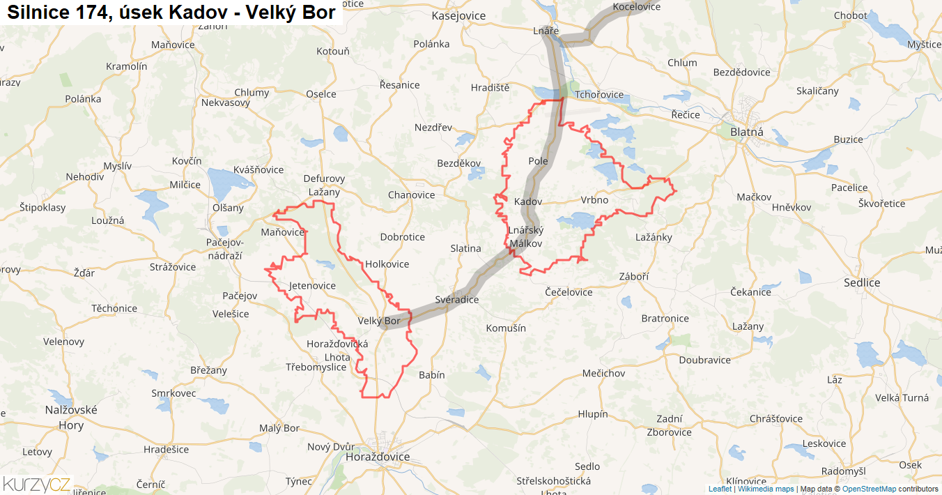Úsek Kadov - Velký Bor, Silnice 174 - Mapa