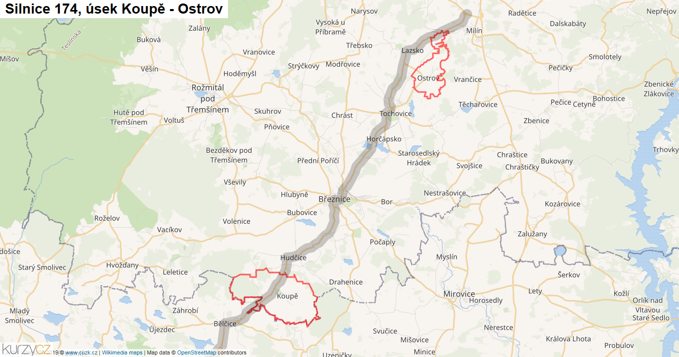 Úsek Koupě - Ostrov, Silnice 174 - Mapa