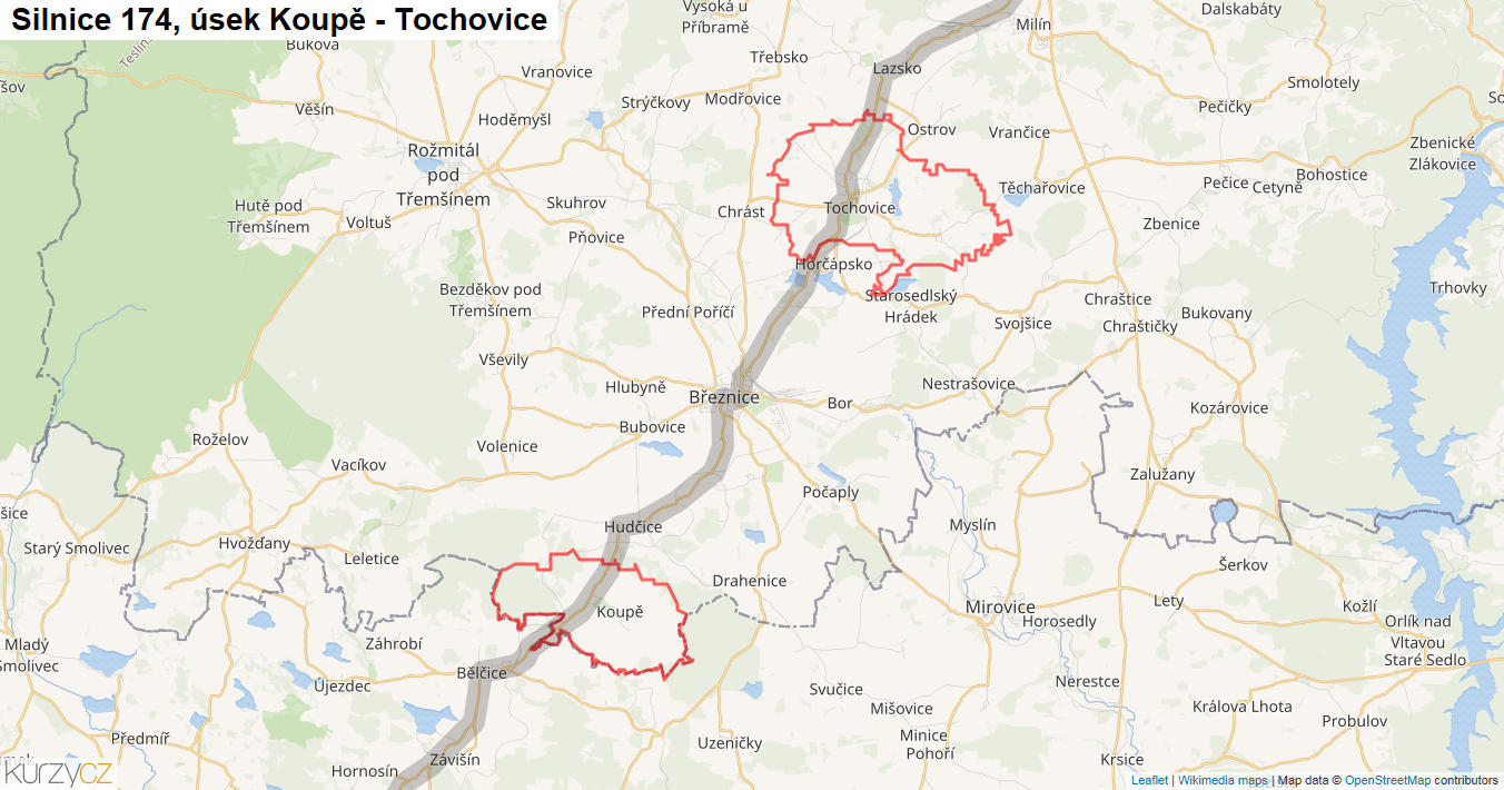 Úsek Koupě - Tochovice, Silnice 174 - Mapa
