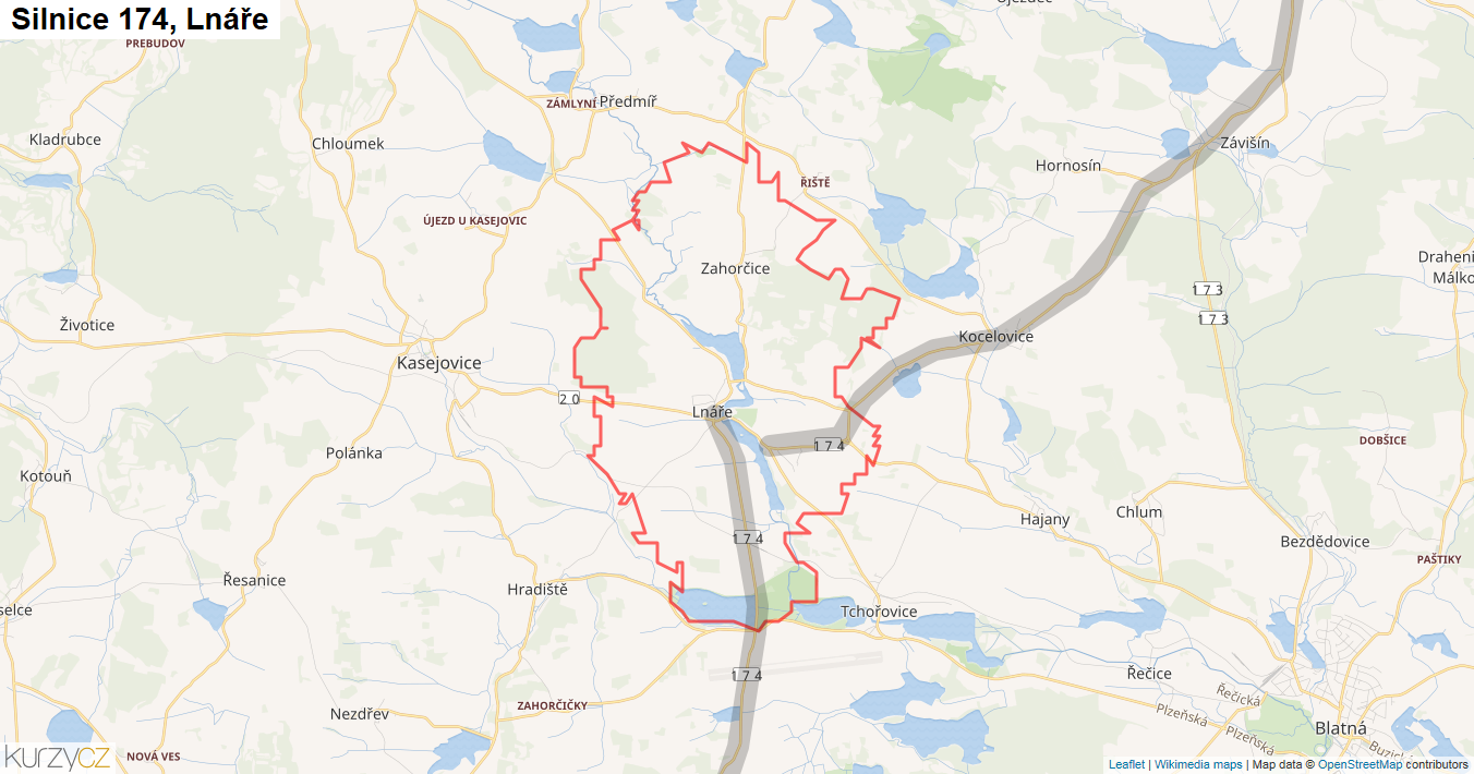 Lnáře, Silnice 174 - Mapa