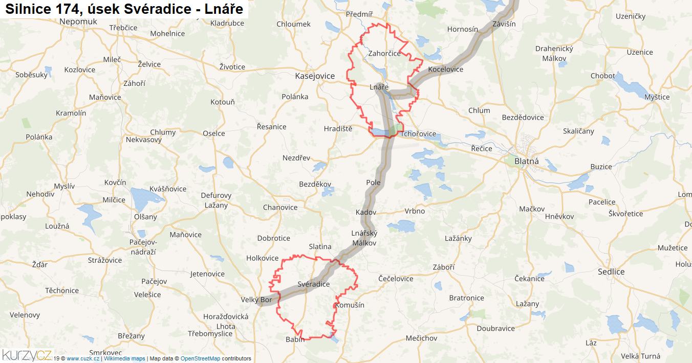 Úsek Svéradice - Lnáře, Silnice 174 - Mapa