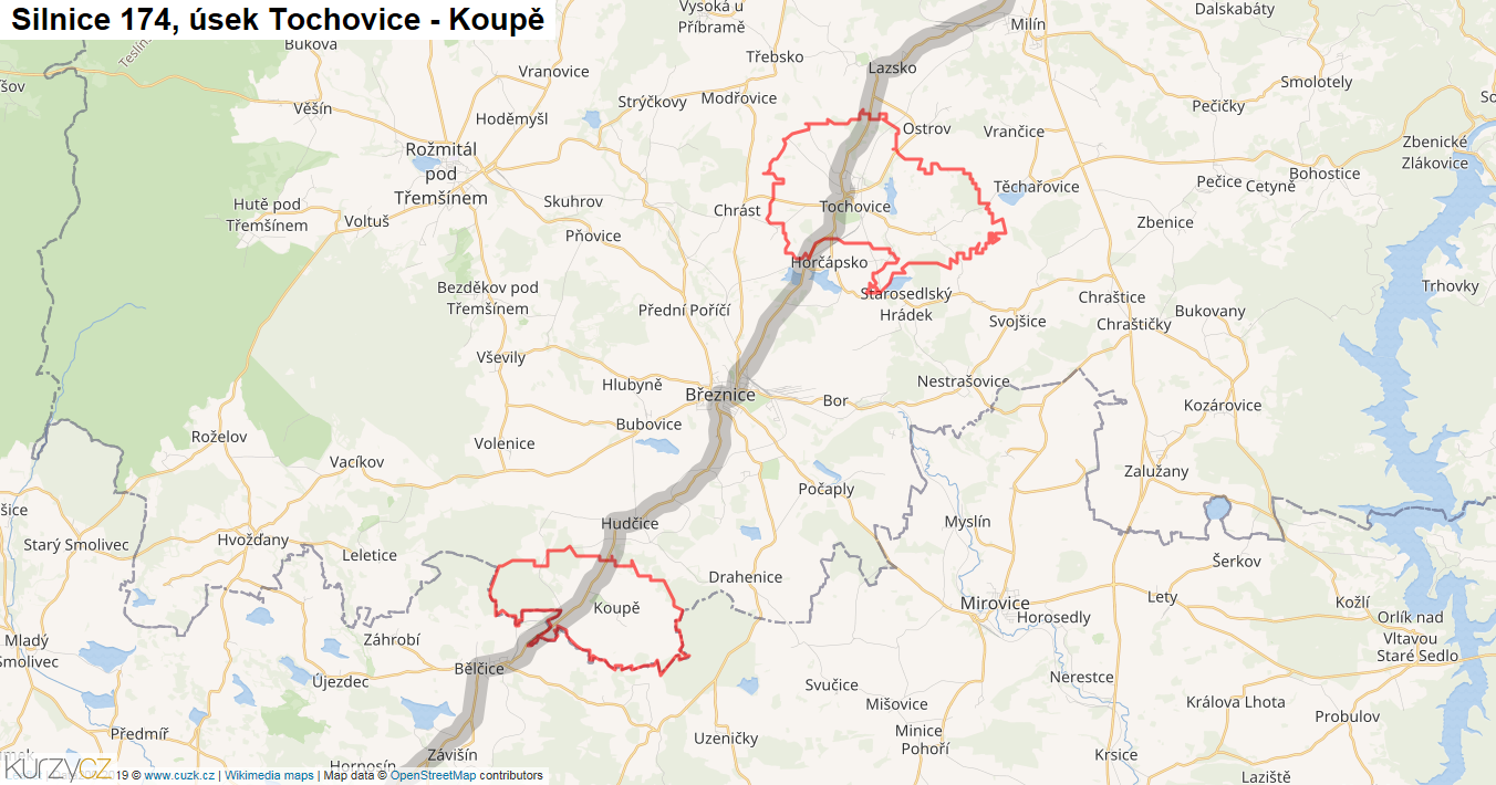 Úsek Tochovice - Koupě, Silnice 174 - Mapa