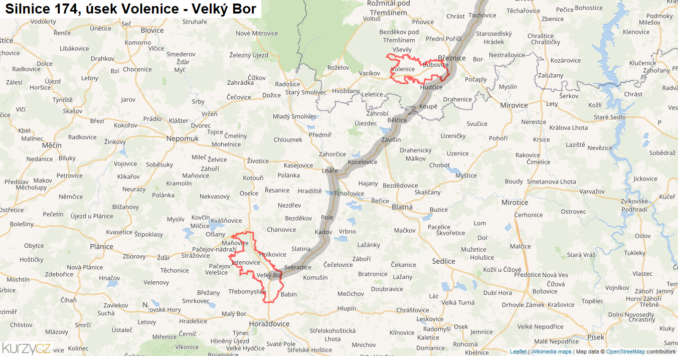 Úsek Volenice - Velký Bor, Silnice 174 - Mapa