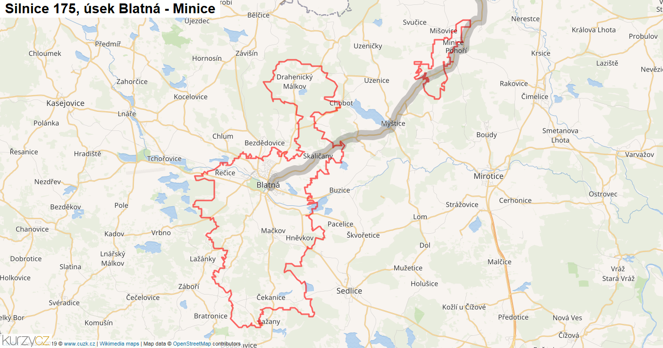 Úsek Blatná - Minice, Silnice 175 - Mapa