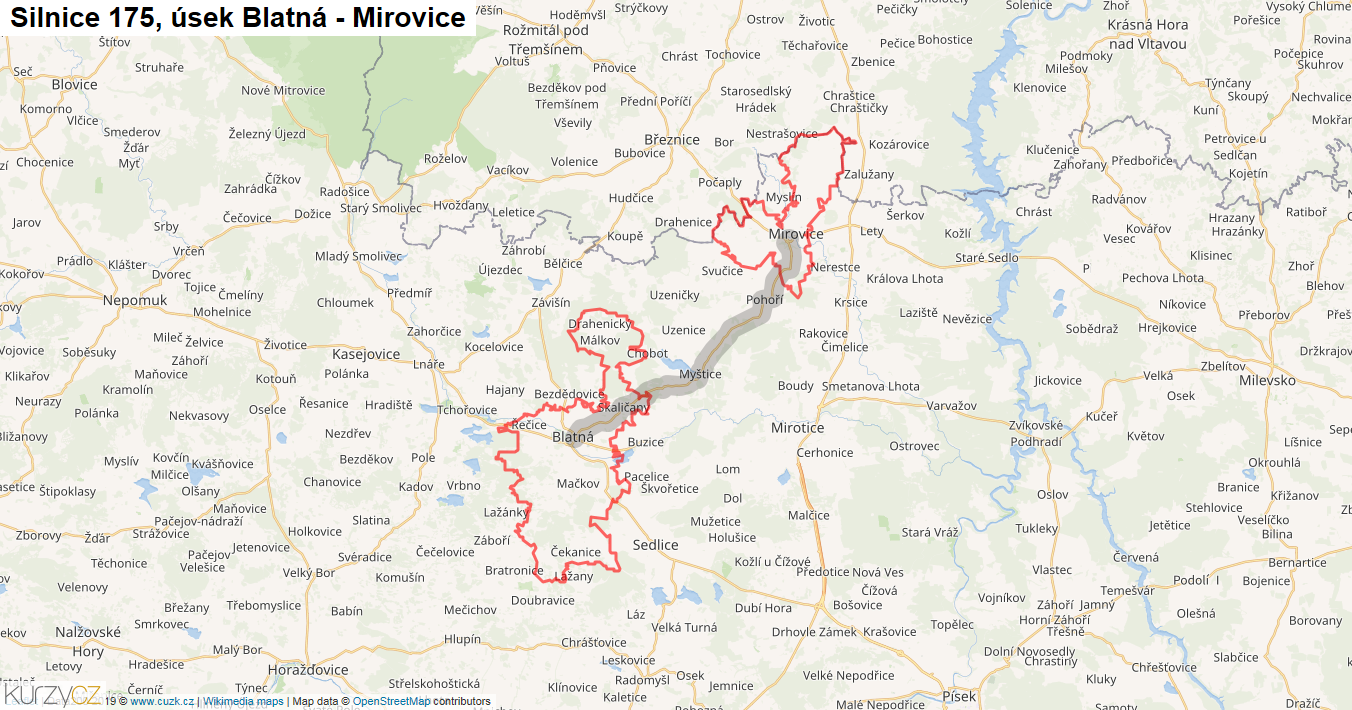 Úsek Blatná - Mirovice, Silnice 175 - Mapa