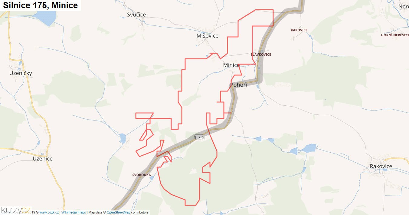 Minice, Silnice 175 - Mapa