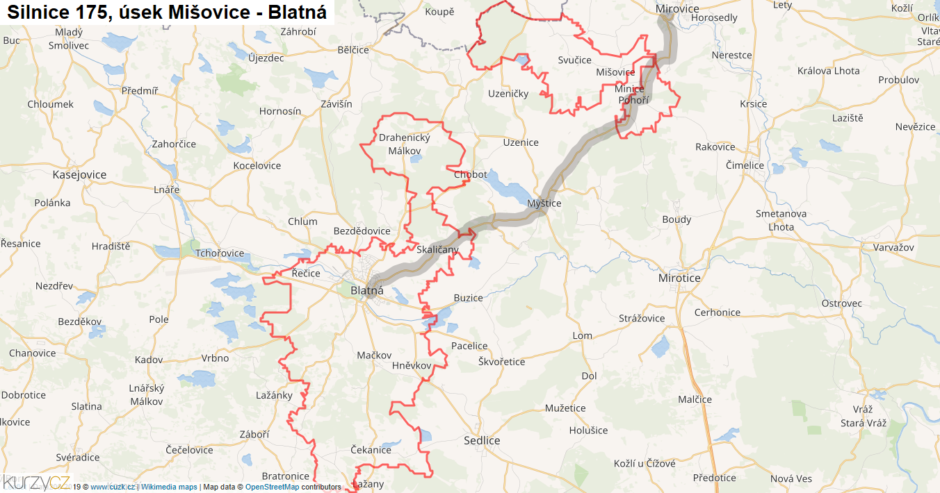 Úsek Mišovice - Blatná, Silnice 175 - Mapa