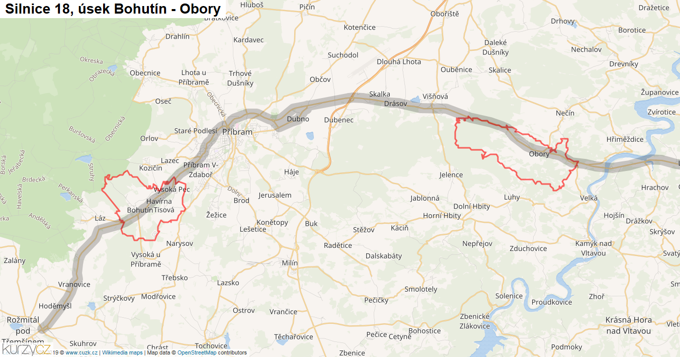 Úsek Bohutín - Obory, Silnice 18 - Mapa