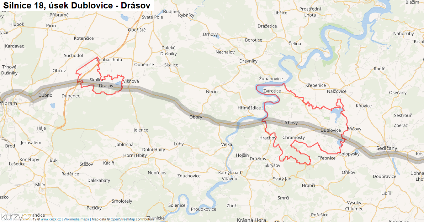 Úsek Dublovice - Drásov, Silnice 18 - Mapa
