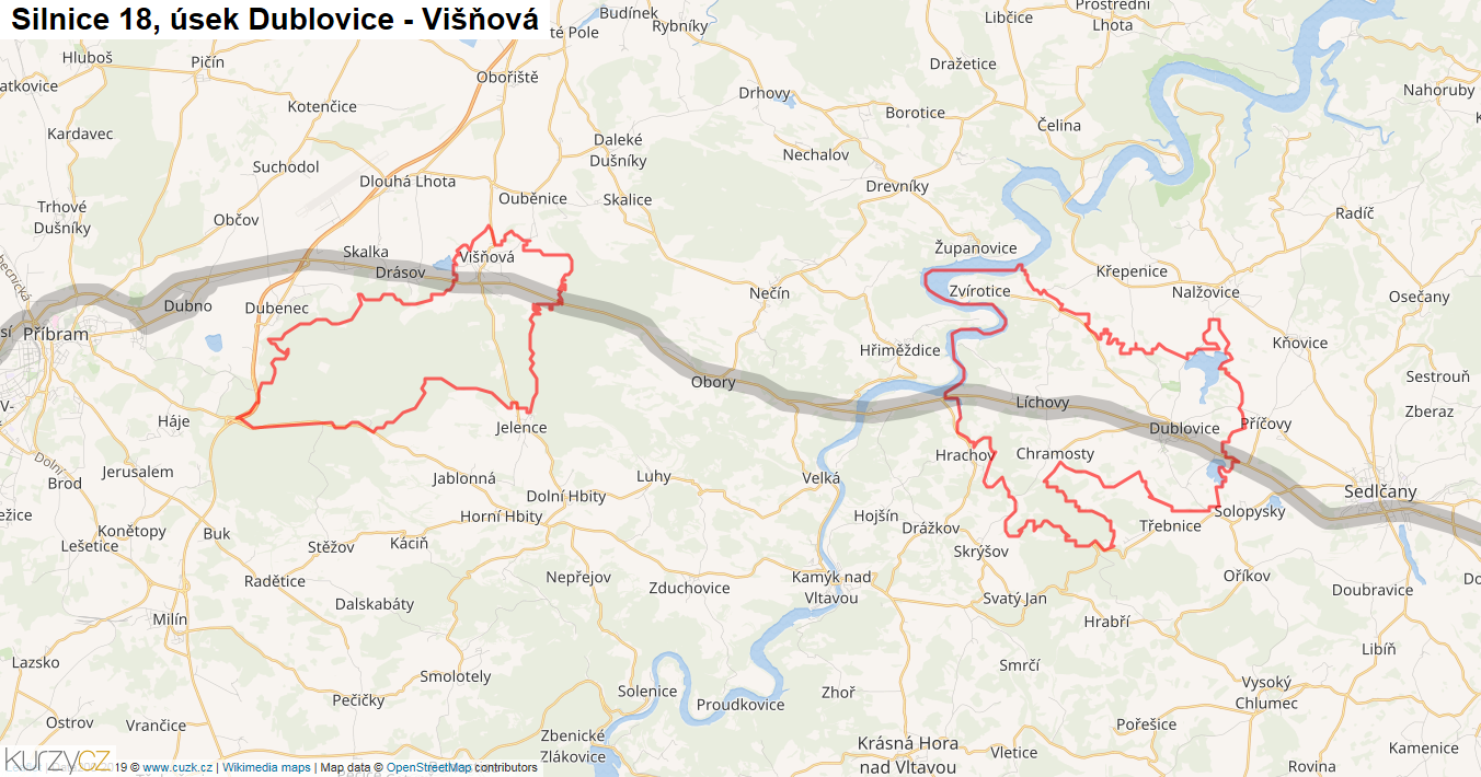 Úsek Dublovice - Višňová, Silnice 18 - Mapa