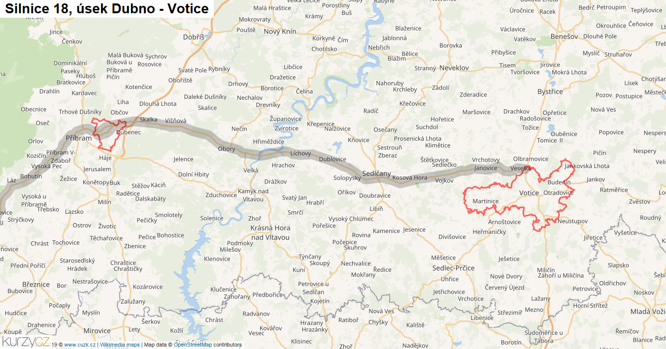 Úsek Dubno - Votice, Silnice 18 - Mapa