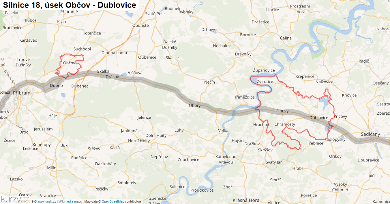 Úsek Občov - Dublovice, Silnice 18 - Mapa