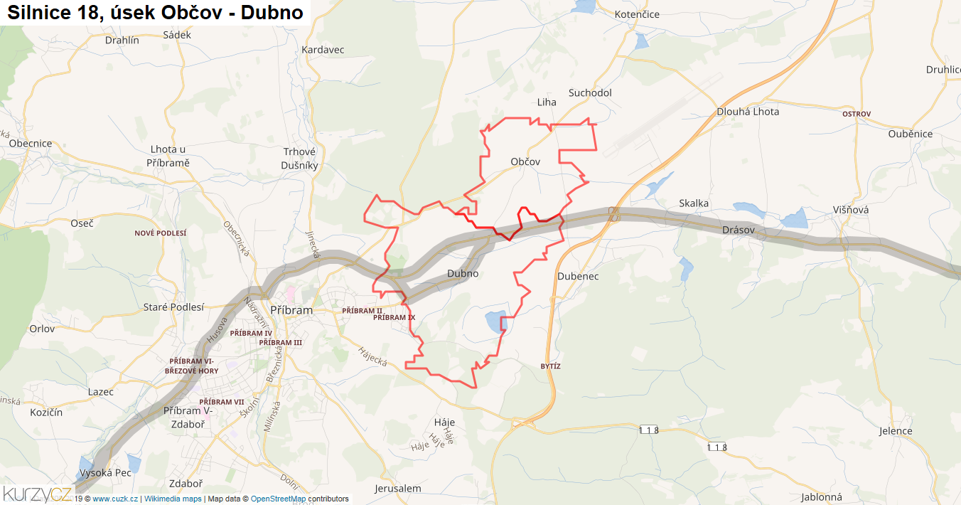 Úsek Občov - Dubno, Silnice 18 - Mapa