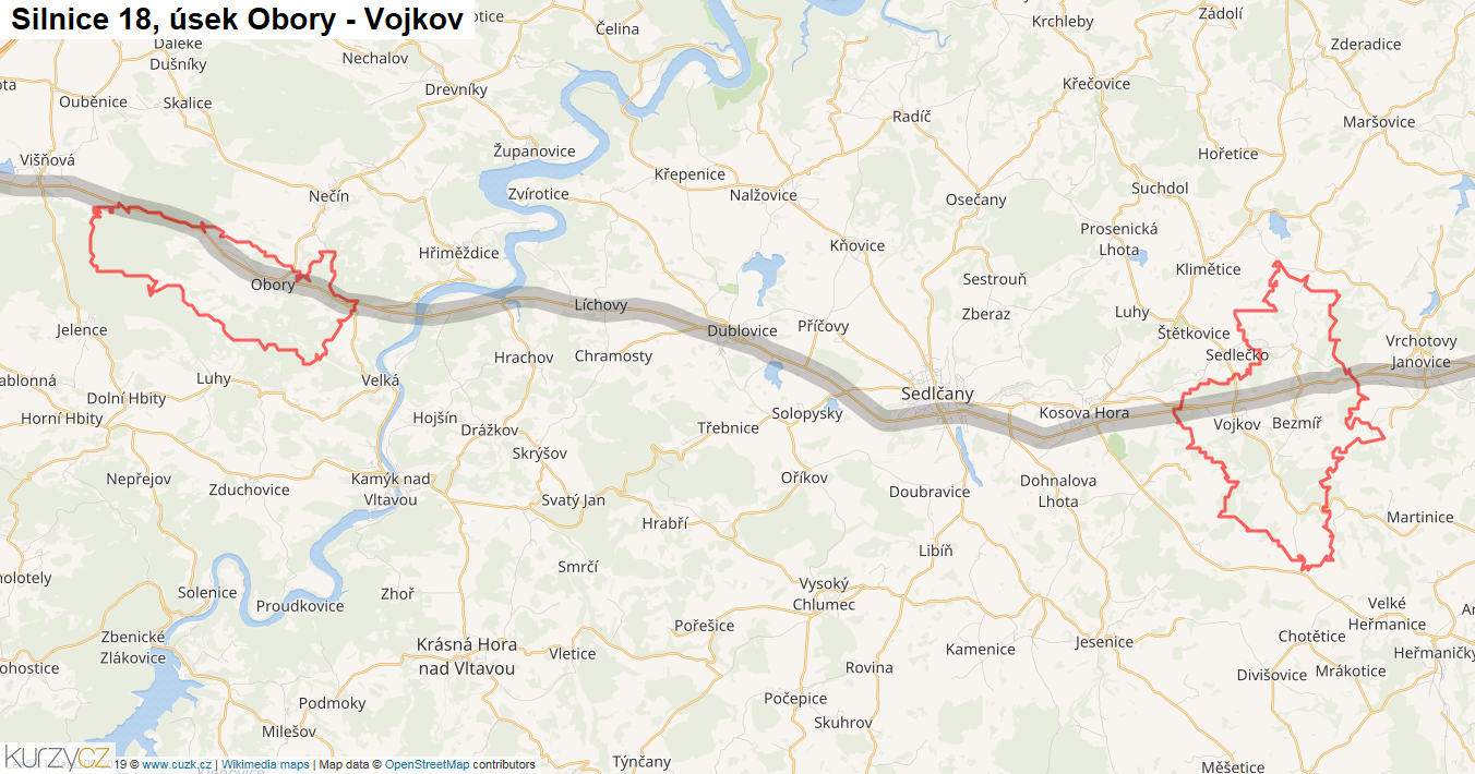 Úsek Obory - Vojkov, Silnice 18 - Mapa