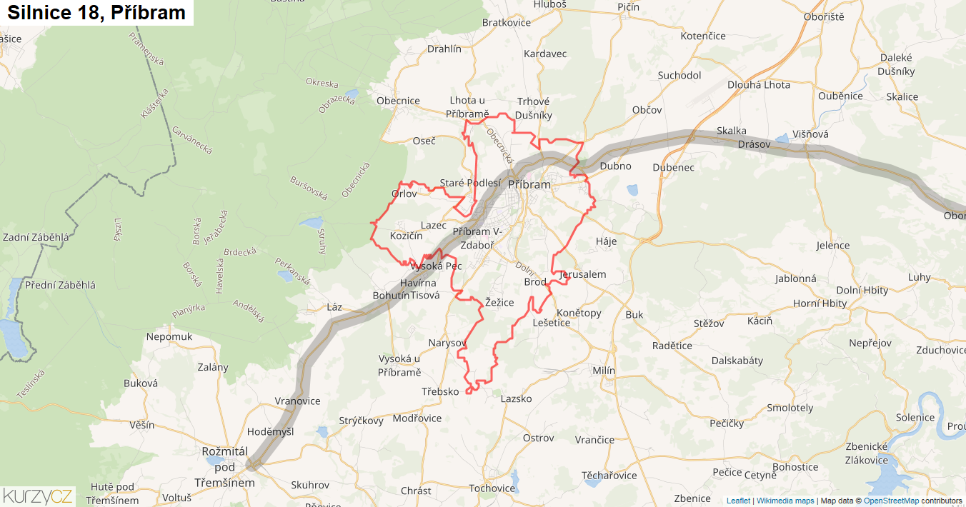 Příbram, Silnice 18 - Mapa