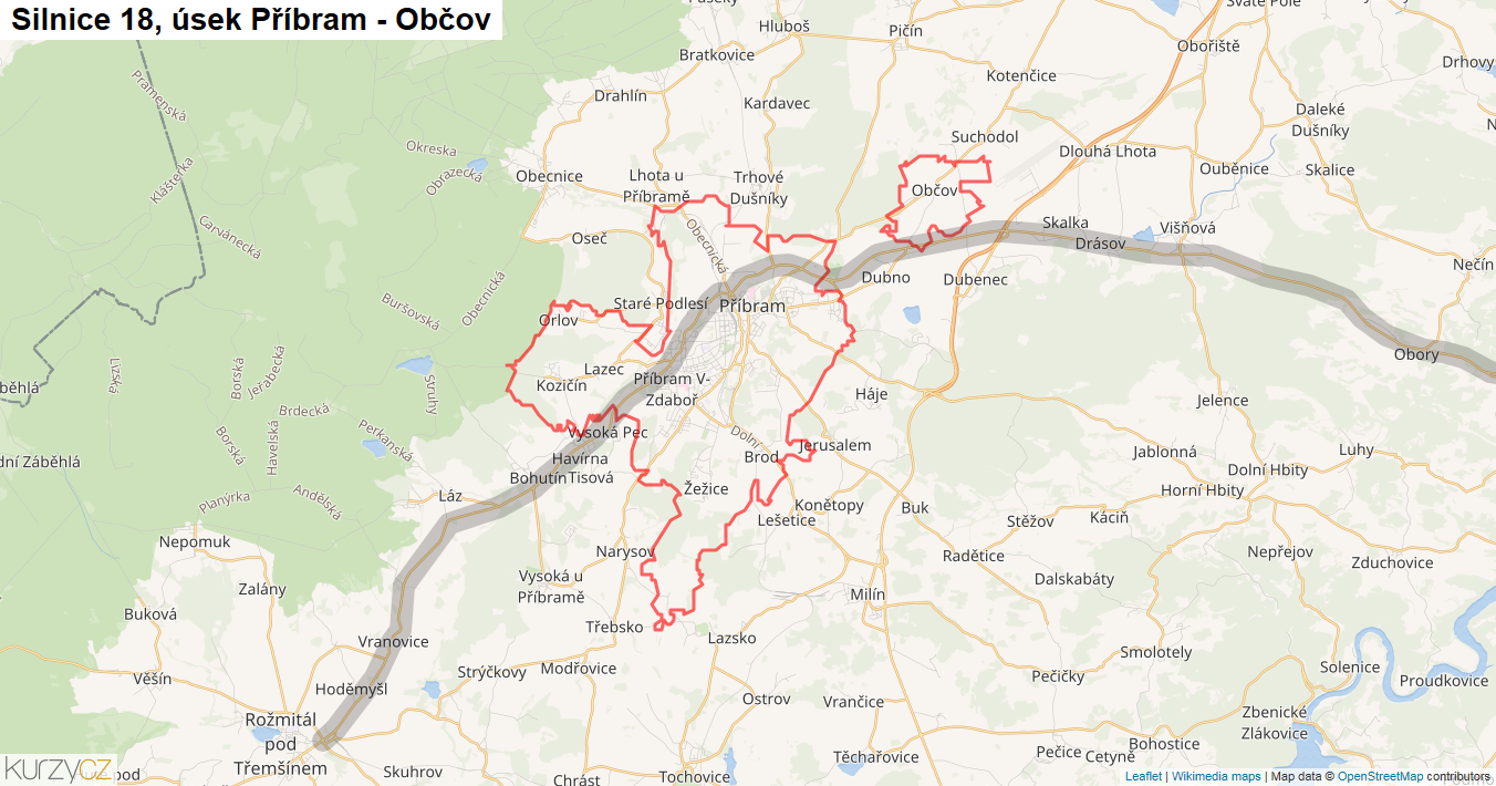 Úsek Příbram - Občov, Silnice 18 - Mapa