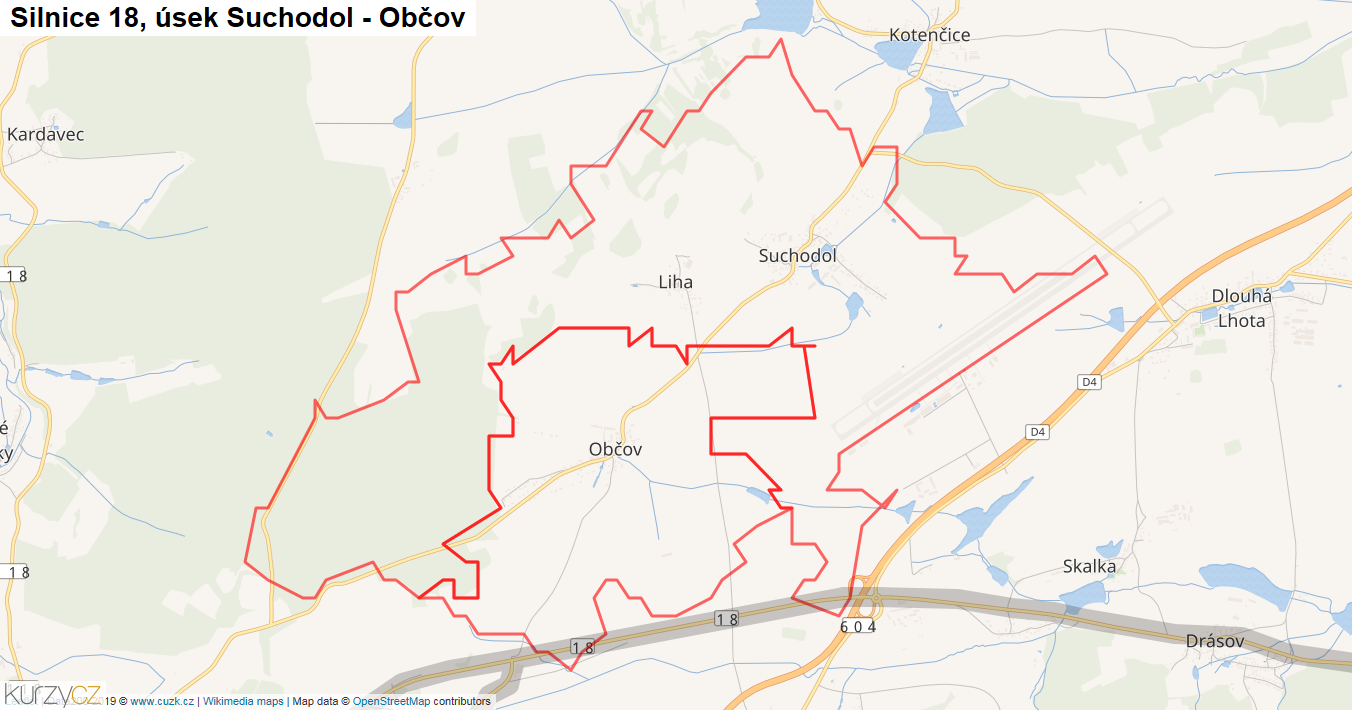 Úsek Suchodol - Občov, Silnice 18 - Mapa
