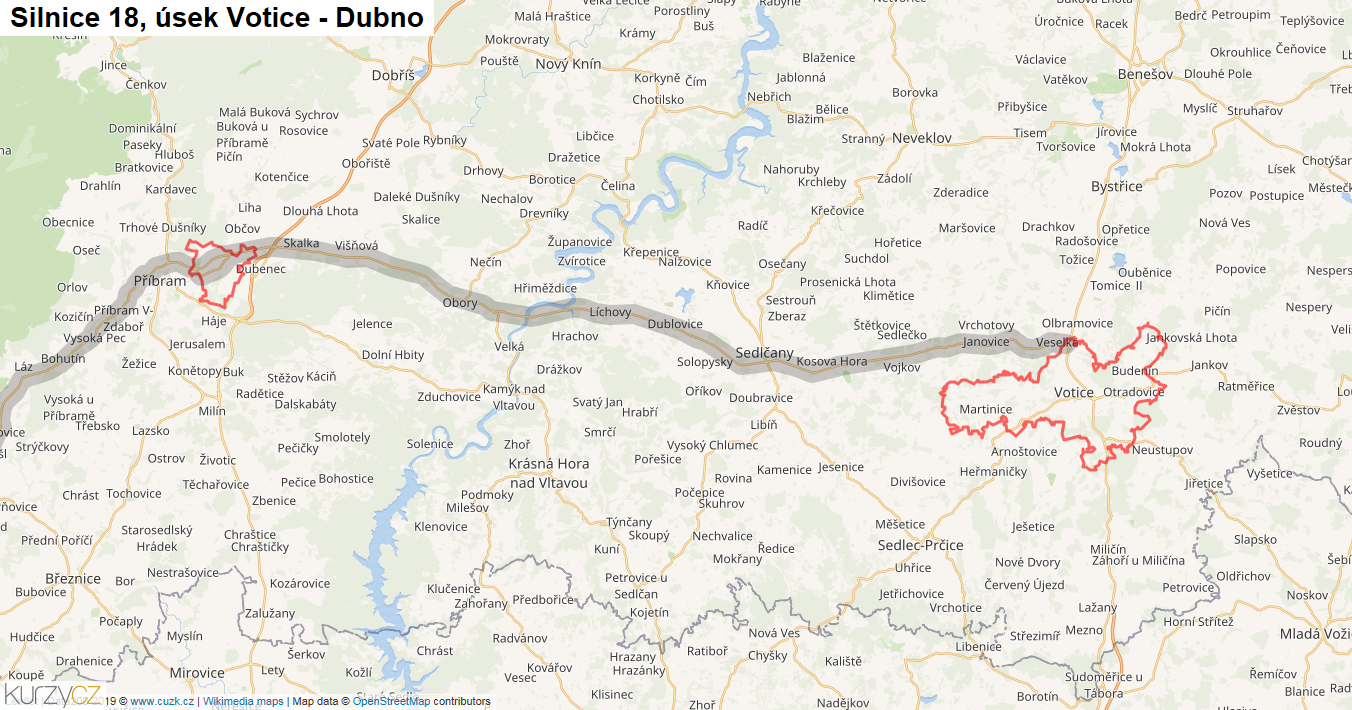 Úsek Votice - Dubno, Silnice 18 - Mapa