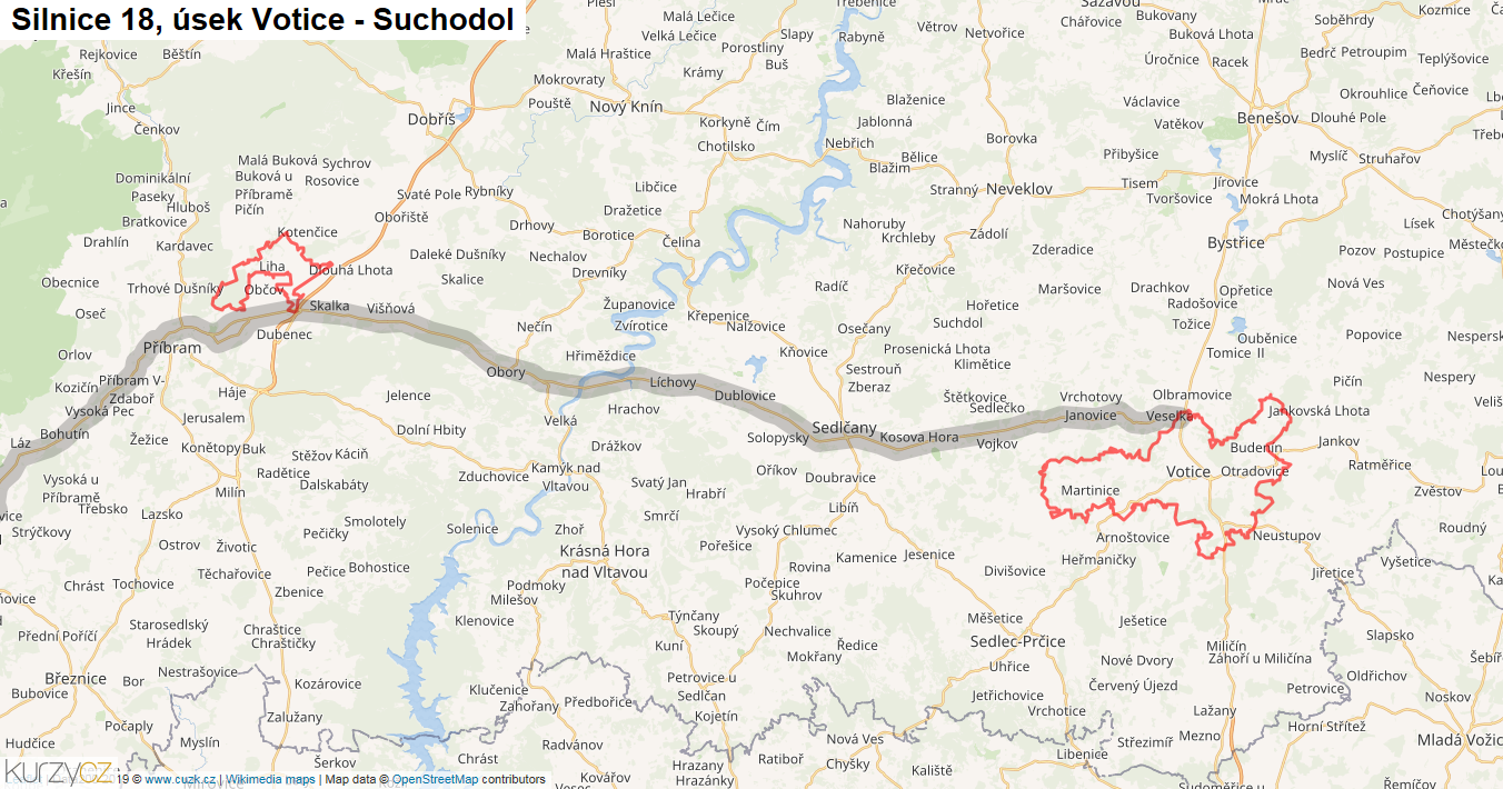 Úsek Votice - Suchodol, Silnice 18 - Mapa